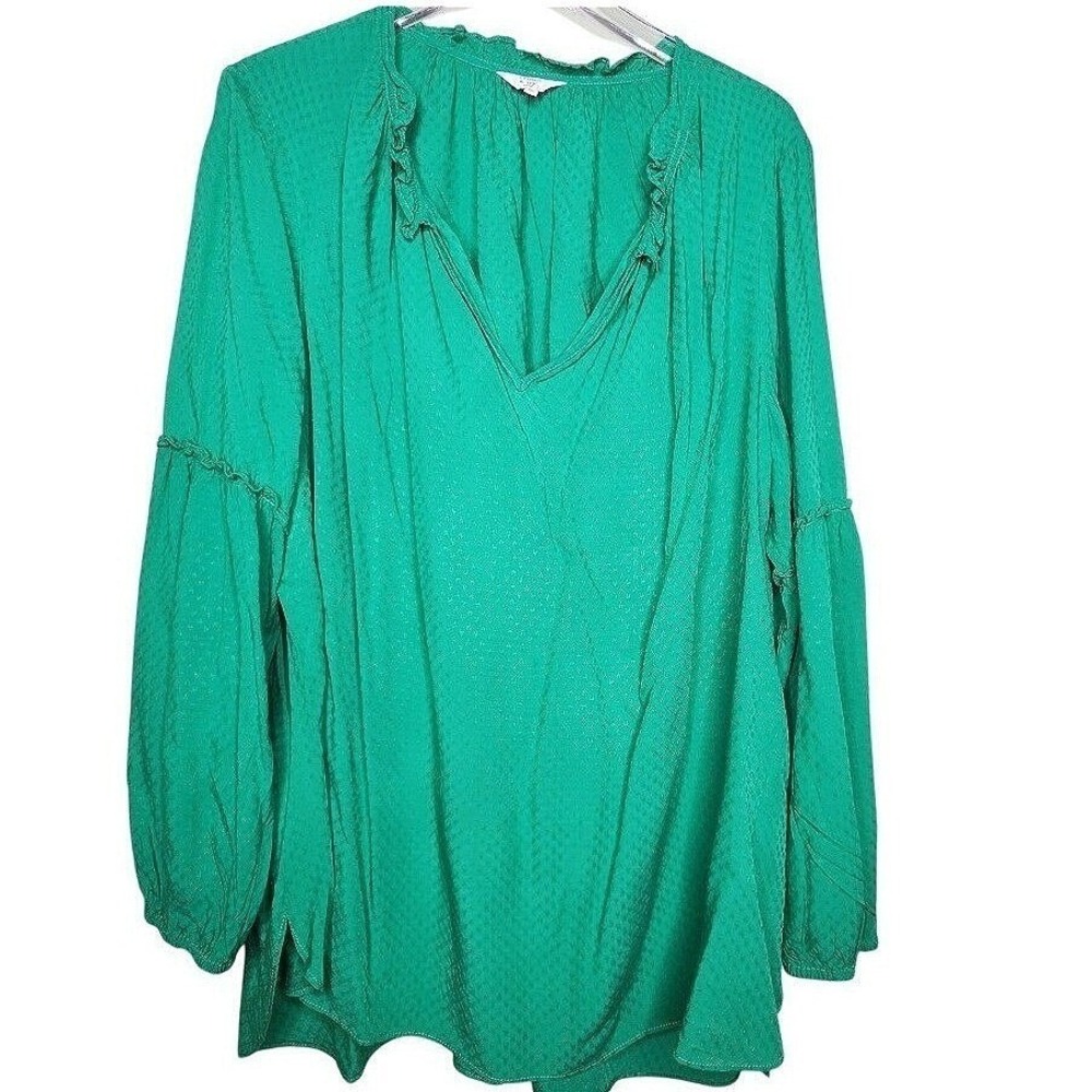 Crown & Ivy Curvy Boho Floral Embroidered Blouse‎ Green Balloon Sleeve Flowy 3X
